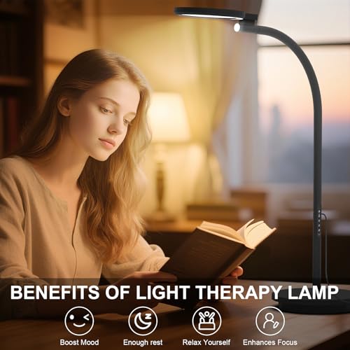 Image of Light Therapy Lamp 10000 Lux UV-Free Sun Floor Lamp, 360 Gooseneck Happy Lamp with 5 Colors & 5 Brightness Levels & Remote Control + Touch Dual Control (Black)