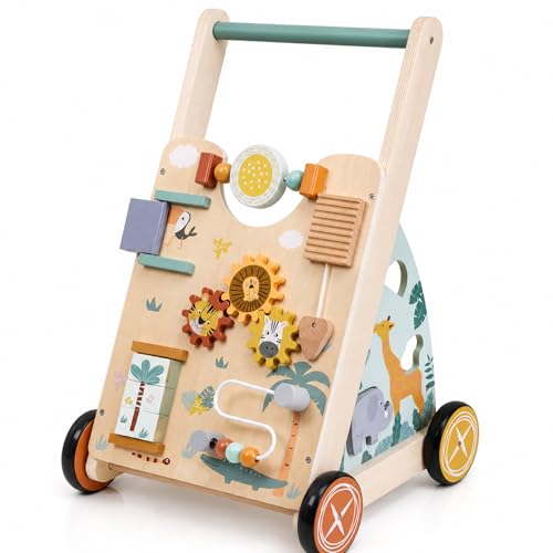 Jumini Wooden Baby Walker Safari Push Along Activity Walker for Toddlers 18 Months Up First Steps Learning Walker with Bead Maze Shape Sorter and Sensory Play Gift for Boys and Girls
