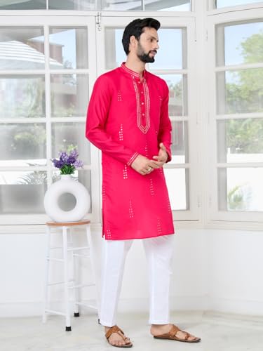 Image of See Designs Men's Full Sleeve Mandarin Collar Embroidered Thread Work Sequinned Rayon Straight Long Kurta - Festive Collection