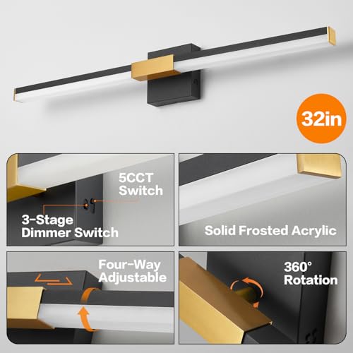 Image of SOLFART Bathroom Vanity Lights 32-Inch: Black and Gold Dimmable 5 Color Temperature 360 Degree Rotation Bathroom Lights Over Mirror ETL IP44