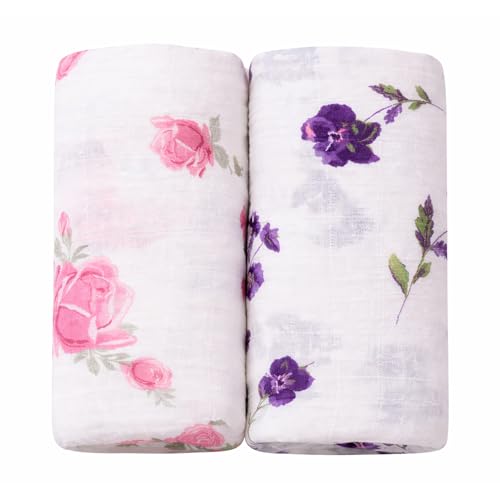 Margaux & May Muslin Baby Swaddle – 100% Cotton, Large 47” x 47” Newborn Swaddle, Soft & Breathable Muslin Swaddle Blanket, Pink and Purple Flowers
