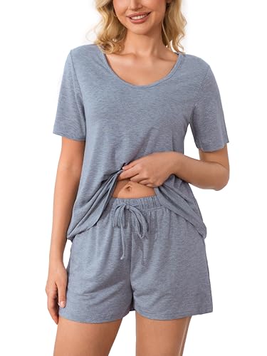 Image of MOYEE Womens Pajama Sets Soft Short Sleeve Shirt and Shorts 2 Pieces Lounge Outfit Sets with Pockets