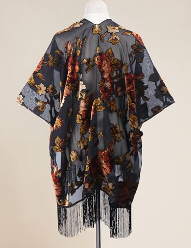 Image of MJ SERECA Women's Burnout Velvet Kimono Cardigan Cover Up with Tassel