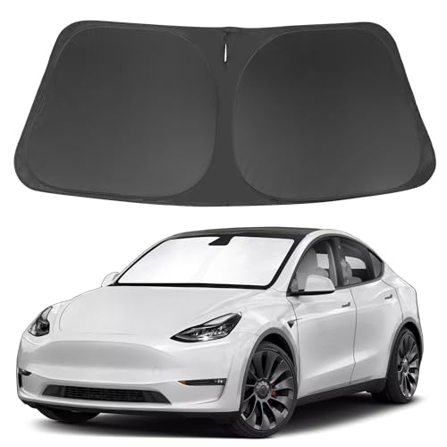 Image of Windshield Sun Shade Custom Fit for 2017-2025 2026 Tesla Model Y Model 3 (Fit 2025 2026 Model Y Juniper /2024 Model 3 Highland) Accessories Foldable Front Window Sunshade Shield Blocker Keeps Car Cool