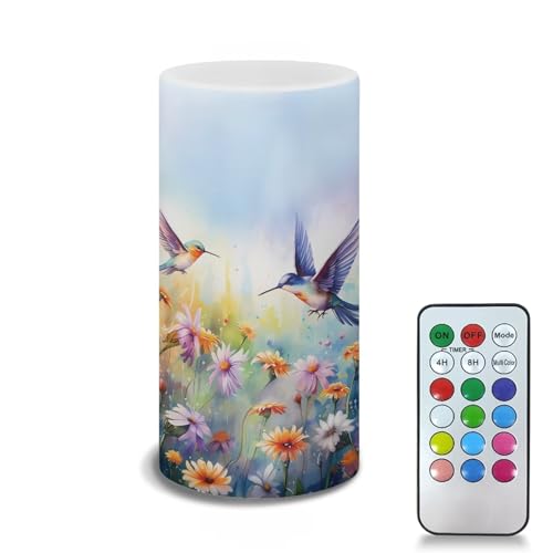 Image of Flameless Candle with 18 Key Remote 4 /8 Hours Timing Color Changing, Flickering Wick Realistic Votive Electric Candle for Patio Desktop Home Ornaments, Hummingbird Daisy Purple