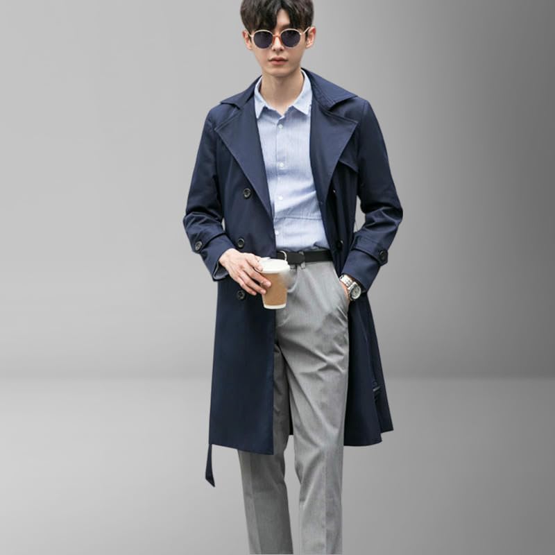 Trench mi-long homme noir en coupe ample style coréen décontracté chic - 3