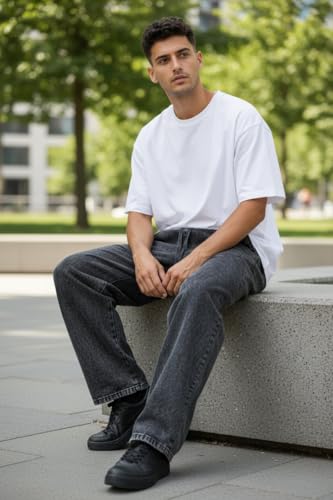 Image of boffi ... 100% Cotton Men's Relaxed Fit Pants, Wide Leg Fit, Acid Wash, Drawstring Elastic Waist, Casual Street Style