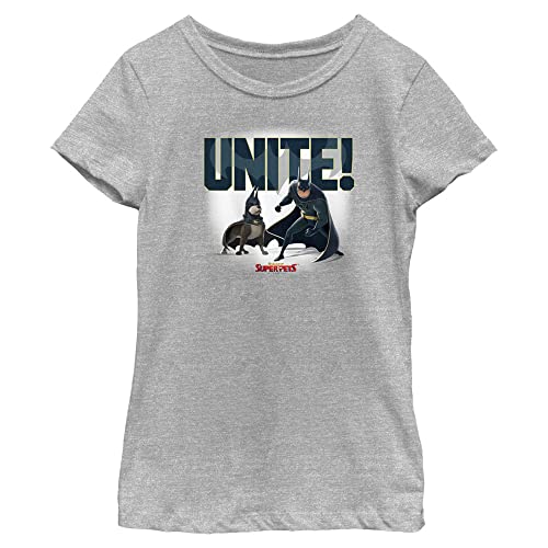 DC League of Super-Pets Girl's Batman and Ace Unite T-Shirt, Athletic Heather, Large