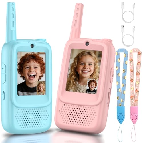 Video Walkie Talkies for Kids, 2 Pack Rechargeable Walkie Talkies with Screen, Long Range 2 Way Radio with 4 Voice Effects, Christmas Birthday Gifts for Age 3-12 Boys Girls Indoor/Outdoor/Camping