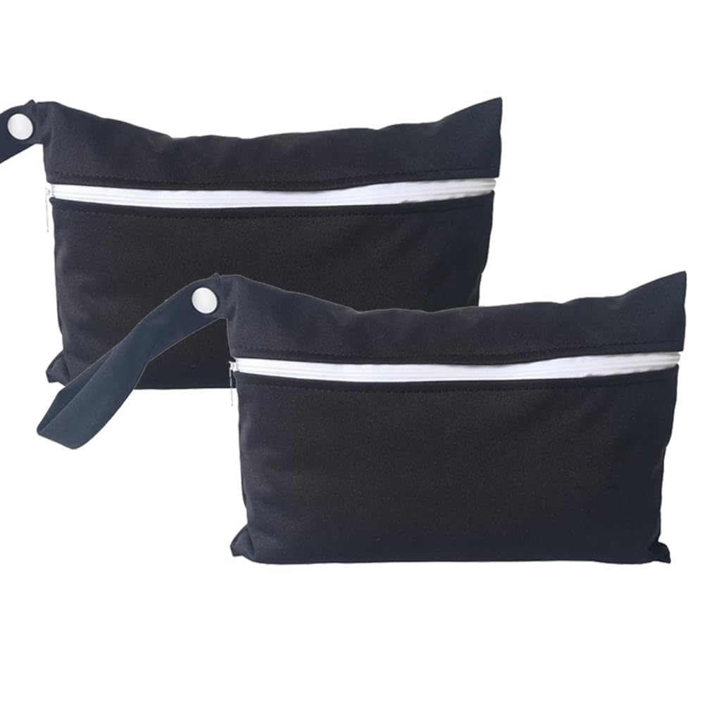 Wet Dry Bags 5.9 × 8.8 in 2 Pack Small Waterproof Diaper Bag with Single Zipper Reusable Polyester Travel Pouch for Baby Cloth Diapers Swimsuits Makeup Toiletry Storage (Black)