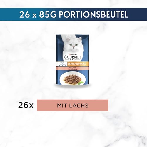 Gourmet Perle Erlesene Streifen Katzenfutter nass, mit Lachs, 26er Pack (26 x 85g)