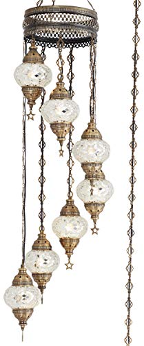 Demmex 7 Globes Swag Plug In Turkish Moroccan Mosaic Bohemian Tiffany Ceiling Hanging Pendant Light Lamp Chandelier Lighting With 15Feet Cord Chain And Plug, 50" Height (White) #TOP3