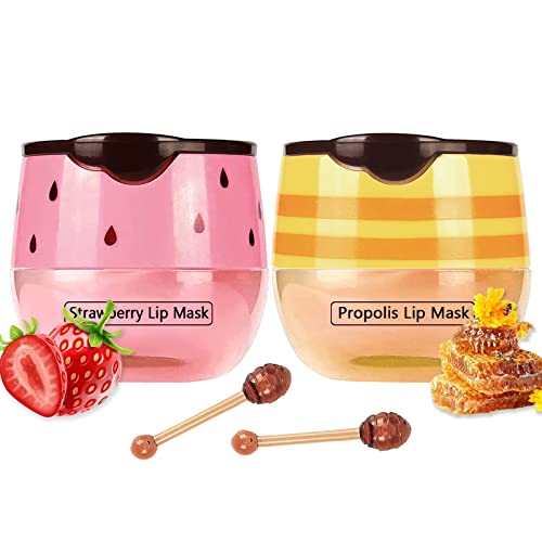 2PCS Lip Masks Bee Balm Honey Pot, Strawberry & Propolis Lip Mask, Sleeping Lip Masks Honey Lip Balm Repair Day and Night, Hydrating & Prevention Dry and Crack Lip Scrubs Exfoliator, Big Brush Sleeping Lip Mask (Strawberry & Honey)