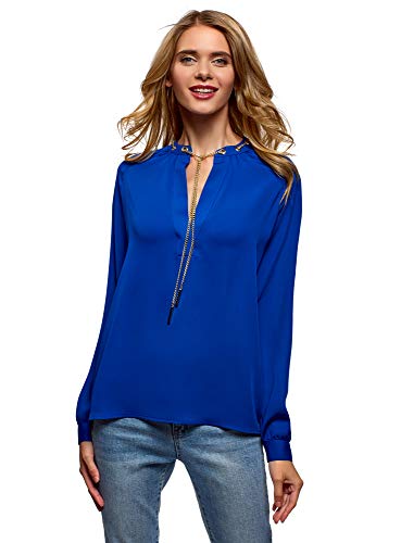 oodji Collection Mujer Blusa de Tejido Fluido con Decoración Metálica, Azul, ES 42 / L