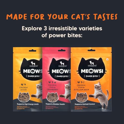 Image of Meowsi by HUFT Power Bites Cat Treats - Chicken, Fish & Psyllium Husk - 50 gm | Healthy Treats for Cats & Kittens | Supports Digestion | for Persian Cats & All Breeds | Crunchy Bites