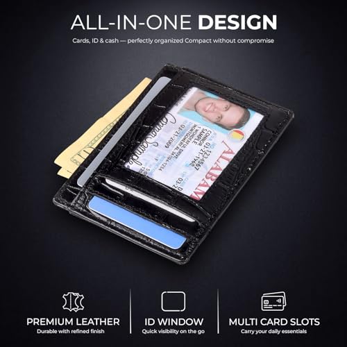 Image of Genuine Leather Slim Card Holder Wallet for Men - Premium and Stylish Card Holder with Capacity for 7-10 Cards and Currency Compartment - Stylish and Functional Leather Wallet (BLACK)