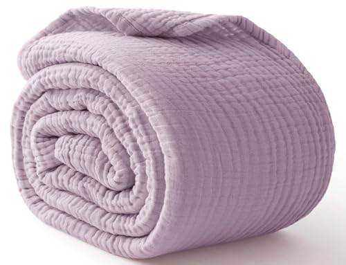 Image of 100% Cotton Muslin Blanket Large 50 inch x 70 inch, 6 Layers Breathable and Lightweight Cotton Throw Blanket for Bed and Couch, Soft Quilt Bedspread, Gauze Blanket for Adults All Season, Lavender