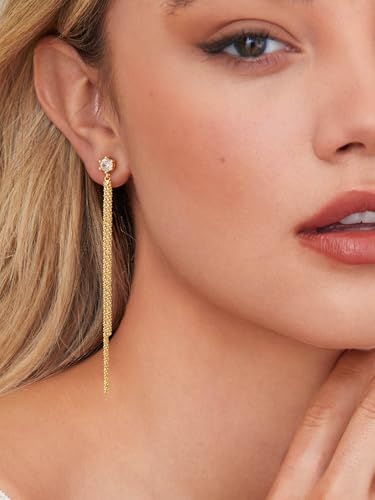 Moodear Gold Dangle Earrings 14K Gold Plated Chain Earrings for Women Trendy Dainty Hypoallergenic Long Chain Drop Tassel CZ/Pearl Earrings Wedding Jewelry Gift3
