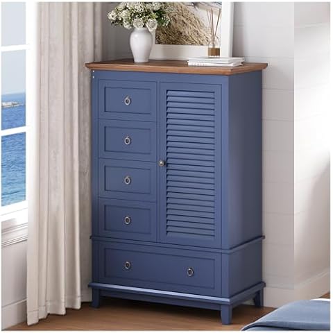 Farmhouse 5 Drawer Dresser for Bedroom,5 Drawer Dresser with Storage,49" Tall Modern Dresser with Metal Handles,Rustic Chest of Drawers,Large Wood Drawer Organizer for Bedroom,Living Room,Hallway,Blue Cover