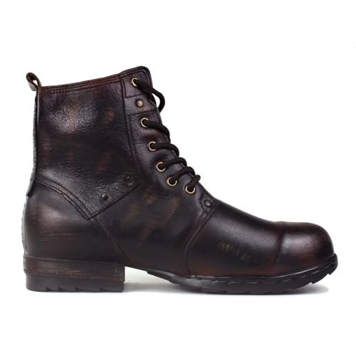 Image of OSSTONE Vintage Brown Moto Boots for Men Fashion lace-up Leather Retro Chukka Boots Casual Shoes OS-6015-6-Vintage-US-R