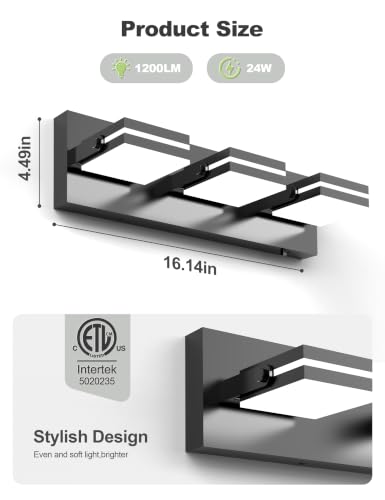 Image of VOLISUN 3 Light Bathroom Vanity Light, 24 inch Dimmable Bathroom Light Fixtures Over Mirror, 5 Color Temperatures, 180Rotatable Head, Black LED Vanity Lights for Bathrooms-ETL Certificated