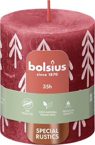 Bolsius - Rustic Kerze - Rot mit Pinienaufdruck - 8 x 6,8 cm - 4...