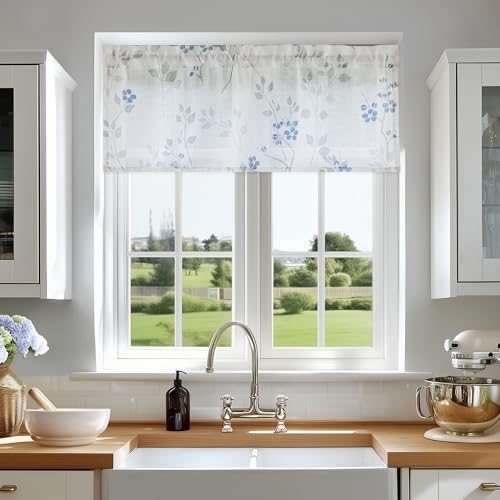 Image of Beauoop Linen Floral Semi Sheer Valance Curtains Kitchen Blue Grey 52x18x1