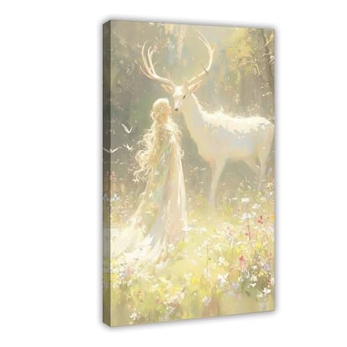 Aosarocc Ethereal Forest Goddess with White Deer Canvas Art, Fantasy
