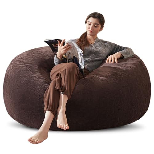 Bean Bag Chair 4Ft, Memory Foam Filled, Large Beanbag Chairs for Adults and Teens, Soft Sofa with Removable Flannel Cover, Round Couch for Living Room Bedroom College Dorm (Brown, 4FT-47×47″×24″)