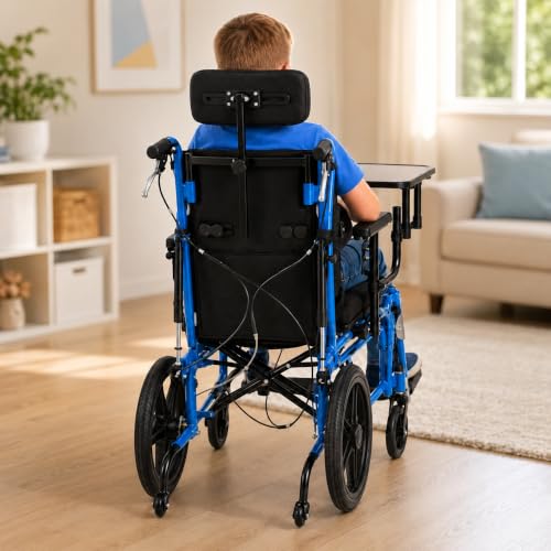 Image of Full Reclining Pediatric Wheelchair - Heavy Duty Folding Kids Wheelchair with Headrest, Meal Tray & Elevating Footrest, Medical Mobility Chair for Home, Travel & Rehabilitation (Blue)