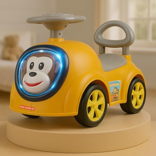 Image of MiniExplorer Monkey Ride-On Toy Car for Kids | Push Ride Car with Music, Horn, Backrest, Safety Guard, Under Seat Storage & Big Wheels | Baby Ride-On for 1-3 Years Boys & Girls - Yellow