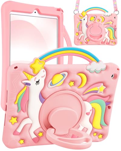 Boaretiu for iPad 9th/8th/7th Generation Case 10.2 Inch 2021/2020/2019 - Cute Cartoon Unicorn Soft 3D Silicone Case with Strap & Rotating Stand for Girls Teens Tablet Cover for iPad 9/8/7
