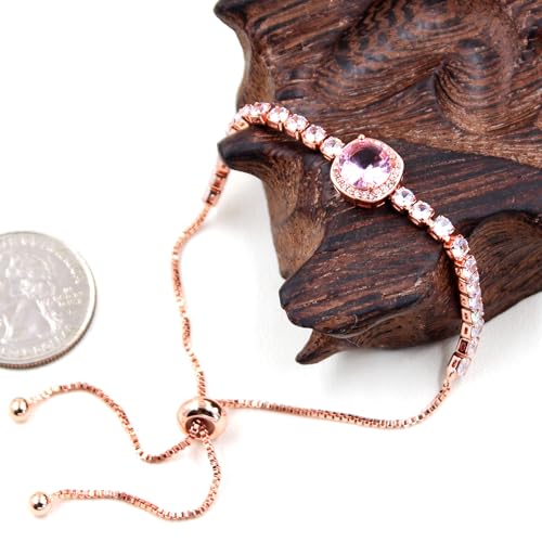 Image of Rose Plated Gold Brass Box Chain Cubic Zirconia Classic Tennis Slider Adjustable Bracelet, Round Big Zircon Charm Give Woman Mom Mother's Day Fashion Crystal Gift