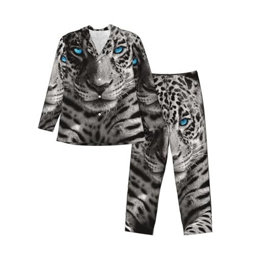 Leopard With Blue Eyes Mens Pajamas Set Button Down Sleepwear Set Long Sleeve Loungewear With Pockets3
