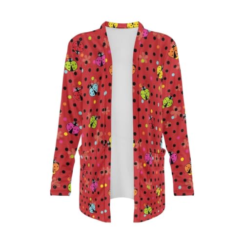 Image of Forchrinse Red Ladybug Cardigan for Women Causal Long Sleeve Open Front Cardigans Sweater Fashion 2024 Fall Coat with Pockets