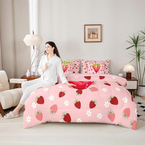 Image of Feelyou Girls Strawberry Full Comforter Set with Sheets for Kids Boys Girls Pink Strawberry 7 Pieces Bedding Set Initial Letter V Bed in a Bag Room Decor Soft Lightweight Microfiber