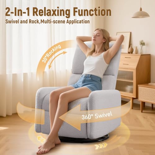 Image of Korser 360 Rocking Chair, Nursery Rocker Chair with Side Pockets, Glider Nursing Chair with Steel Structure Base, Small Chair for Small Spaces, Sherpa Swivel Accent Chairs for Living Room, Nursing