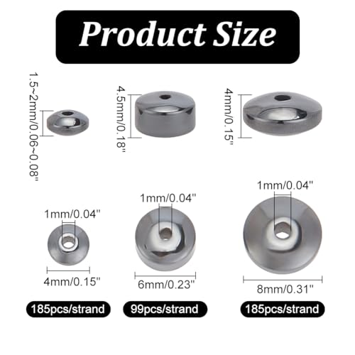 arricraft 394 Pcs Hematite Beads, 3 Sizes Black Flat Round Rondelle Disc Stone Beads for DIY Bracelet Jewelry Making - Image 2