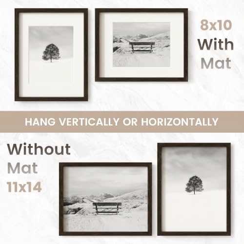 Image of 11x14 Picture Frame, USA-Sourced Natural Wenge Wood Photo Collage Frame with HD Tempered Glass, Modern Simple 11 x 14 Wooden Frame Matted to 8x10, Vertical & Horizontal Wall Hanging Display