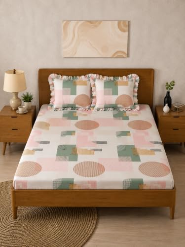 Image of King Size Fitted Bedsheet for Double Bed | 300 TC Cotton Feel Microfiber | All Around Elastic with 2 Frill Pillow Covers | Soft & Durable | (WilburnFrill, Fitted -60x78 Queen)