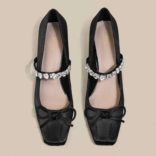FOWT Women Bow Square Toe Mary Janes Rhinestone Studded Chunky Block Low Heel Pumps Ballet Dressy Formal Prom Shoes Size 4-16 US2