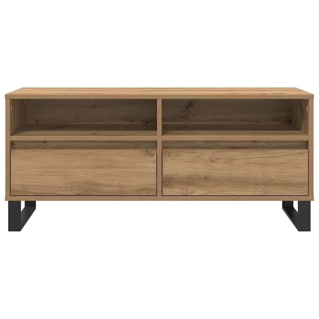 39-Inch Engineered Wood TV Stand with Drawer, Artisan Oak | Measures 39.4 x 13.6 x 17.5 inches, featuring open storage compartments for consoles and media devices in the living room.