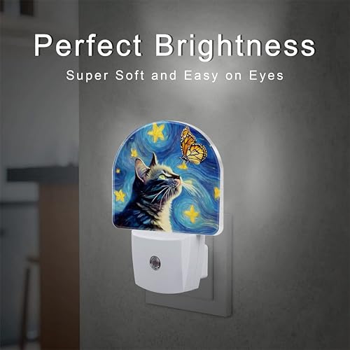 Image of Cat and Butterfly Night Light for Kids, Starry Night Oil Painting Plug in Night Light with Dusk to Dawn Sensor, 0.5w Energy Saving Nightlight for Hallway Stairway Kitchen Bedroom
