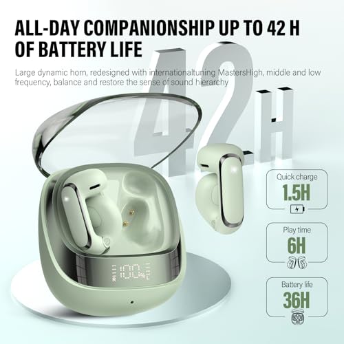Image of Clip On Ear buds, Open Ear Headphones, Bluetooth 5.4 HiFi Stereo Clip Earbuds, 42H, LED Display Wireless EarBuds, Comfortable Lightweight, IP7 Waterproof Earphones, Earbud for Workout Running, Green