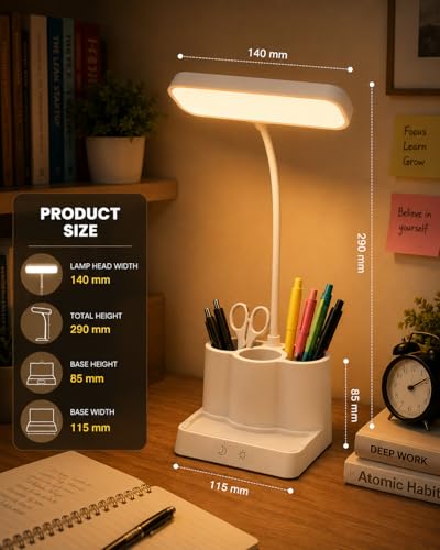 Image of SaleOn X1 Pro Desk Lamp Hub with 3 Pencil Holders, Mobile Stand, 3 Color Modes, Stepless Brightness, Dual Touch Control, Bottom Night Light, USB Powered Study Lamp for Kids & Office, 6 Month Warranty