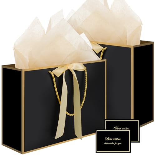 woric Black Gift Bags with Handles 14 Medium Gift Bag with Tissue Paper 2 Pcs Bags with 4 Tissue Paper and 2 Cards for Men Birthday Anniversary 4th of July Bachelor Party Decorations