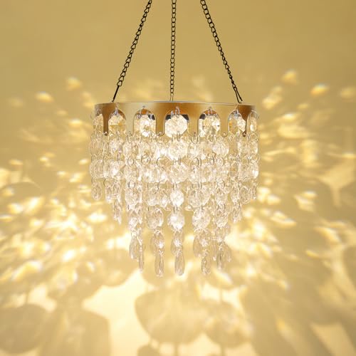 HUYIENO Solar Powered Hanging Chandelier Gold Metal Frame Acrylic Crystal Waterproof Outdoor Hanging Light for Patio Wedding Party Garden Decor Rechargeable LED Pendant Lamp