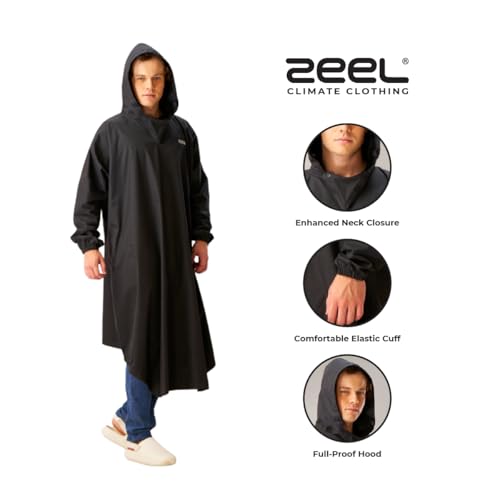Image of ZEEL Polyester Rain Poncho Hooded Coat One Size Suit For Men And Women With Adjustable Hood Along With Reflective Back, Unisex Lightweight Long Coat And Reusable& Packable, Az31 Black Free