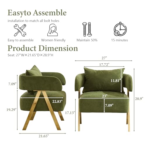 Image of Modern Green Velvet Accent Chairs Set of 2, Barrel Armchairs Living Room