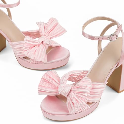 VIMISAOI Women's Bow Knot Platform Heels Open Toe Chunky Heeled Sandals Ankle Strap Comfortable Wedding Party Dress Shoes for Bride2